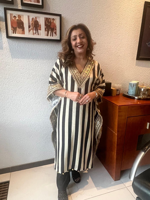 (Divyanka Tripathi) Gold Black Striped Kaftan Set